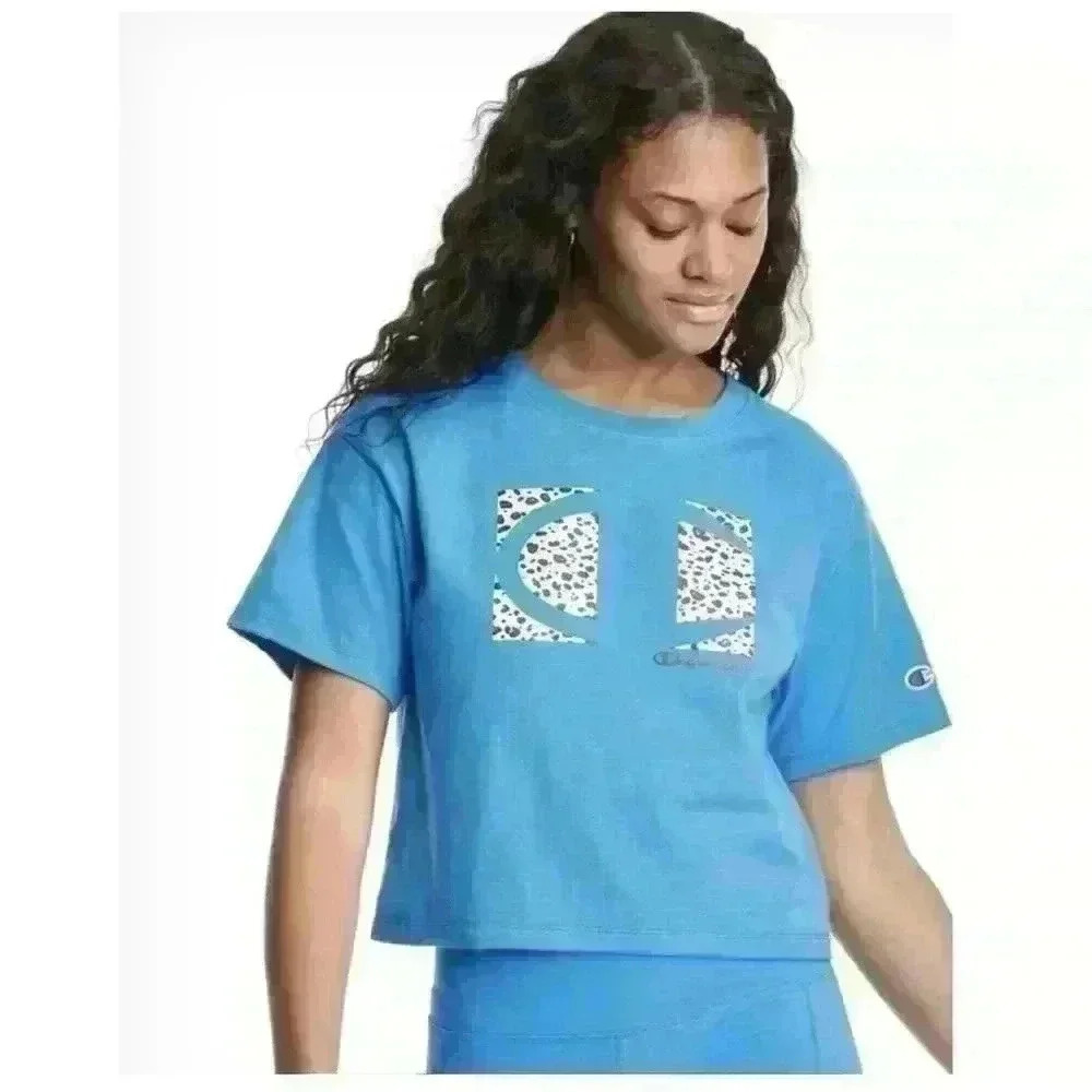 Champion Womens Cropped Graphic-Print T-Shirt Balboa Blue Size M-L - Picture 1 of 12